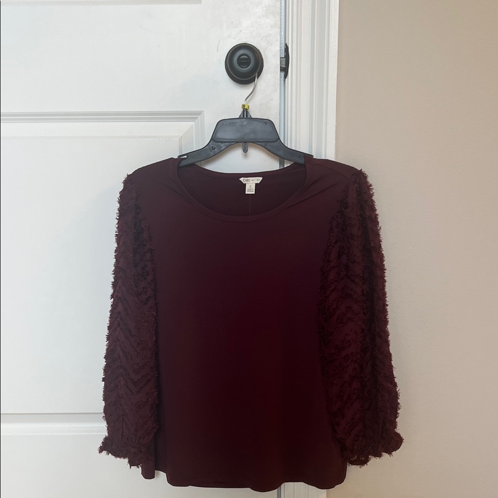 Women's Burgundy Top with Textured Sleeves